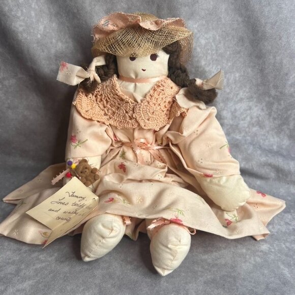 Vintage Handmade Rag Doll Pink Peach Floral Dress Crochet Shawl Brown Hat READ - Picture 1 of 9